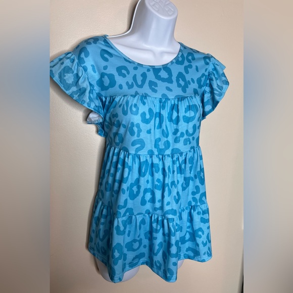 Blue Leopard Print Ruffle Sleeves Baby Doll Top Sz S - Picture 1 of 3
